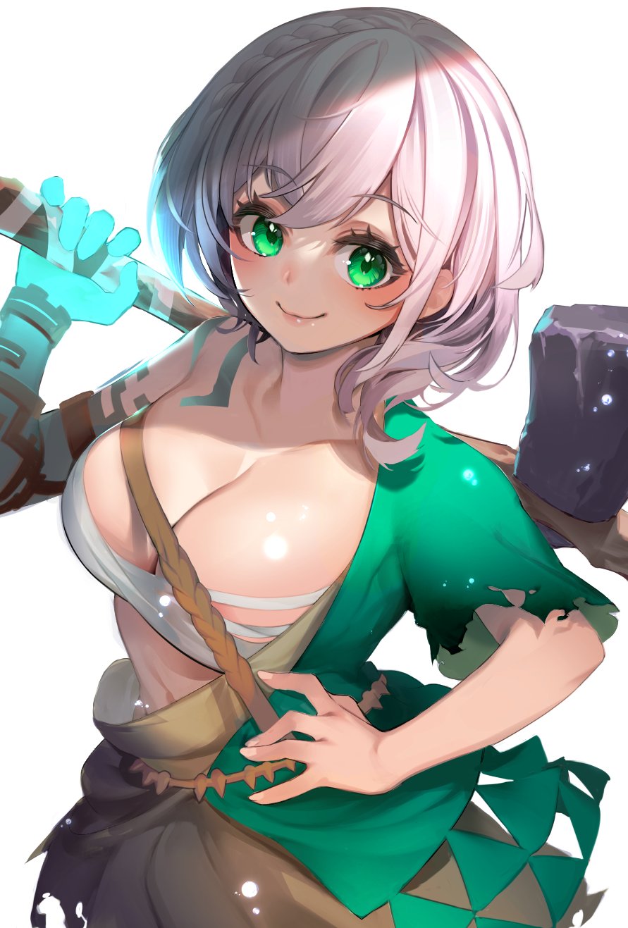 1girl, alternate_costume, axe, breasts, chest_sarashi, cleavage, collarbone, cosplay