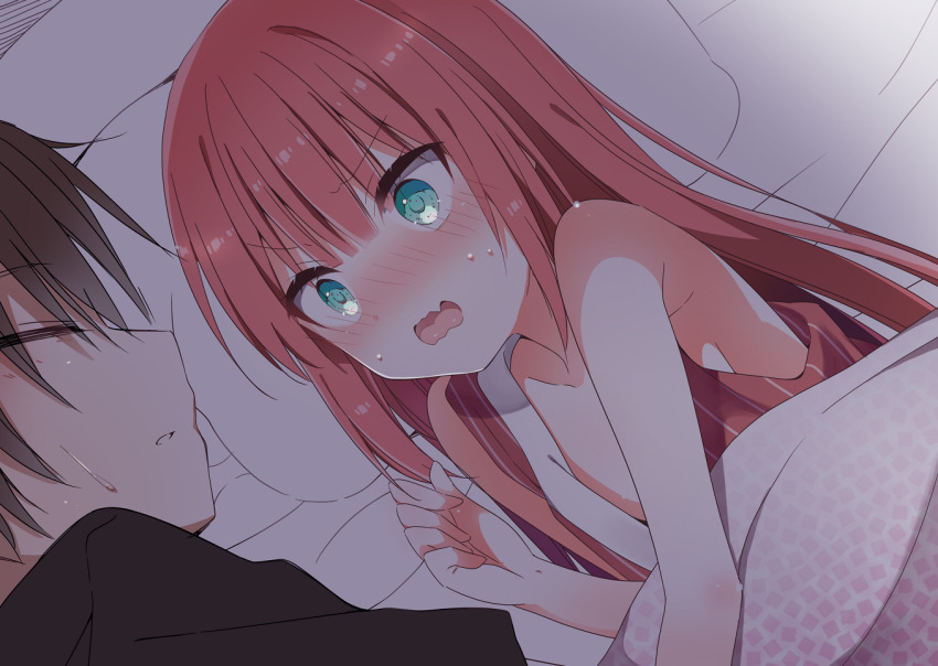 1boy, 1girl, aqua_eyes, blunt_bangs, blush, clenched_hand, close-up, closed_eyes