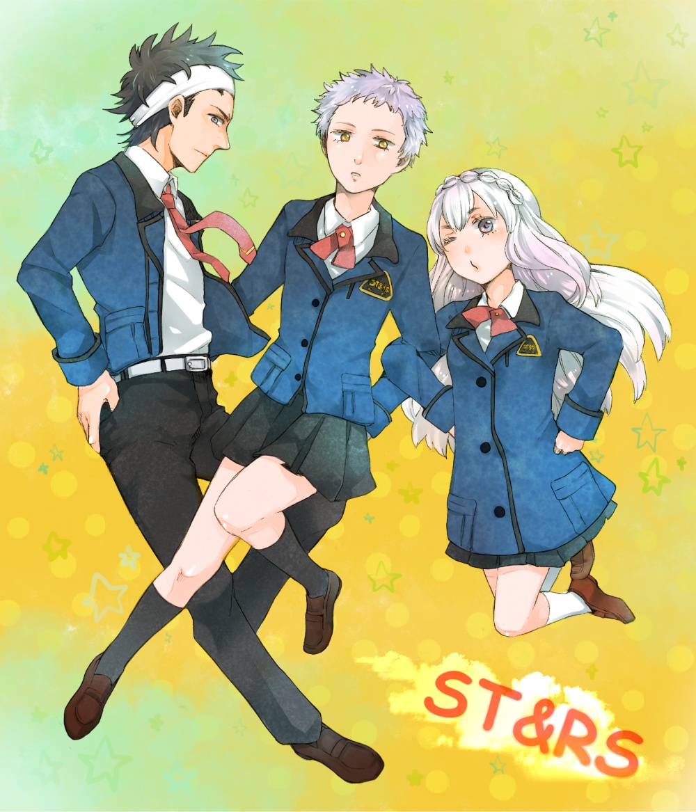 1boy, 2girls, black_pants, black_skirt, black_socks, braid, brown_footwear, chikin_maro