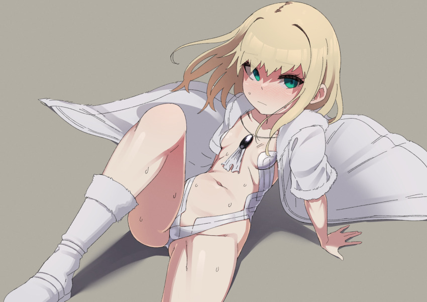 1girl, absurdres, alternate_color, arm_support, blonde_hair, blush, boots, breasts