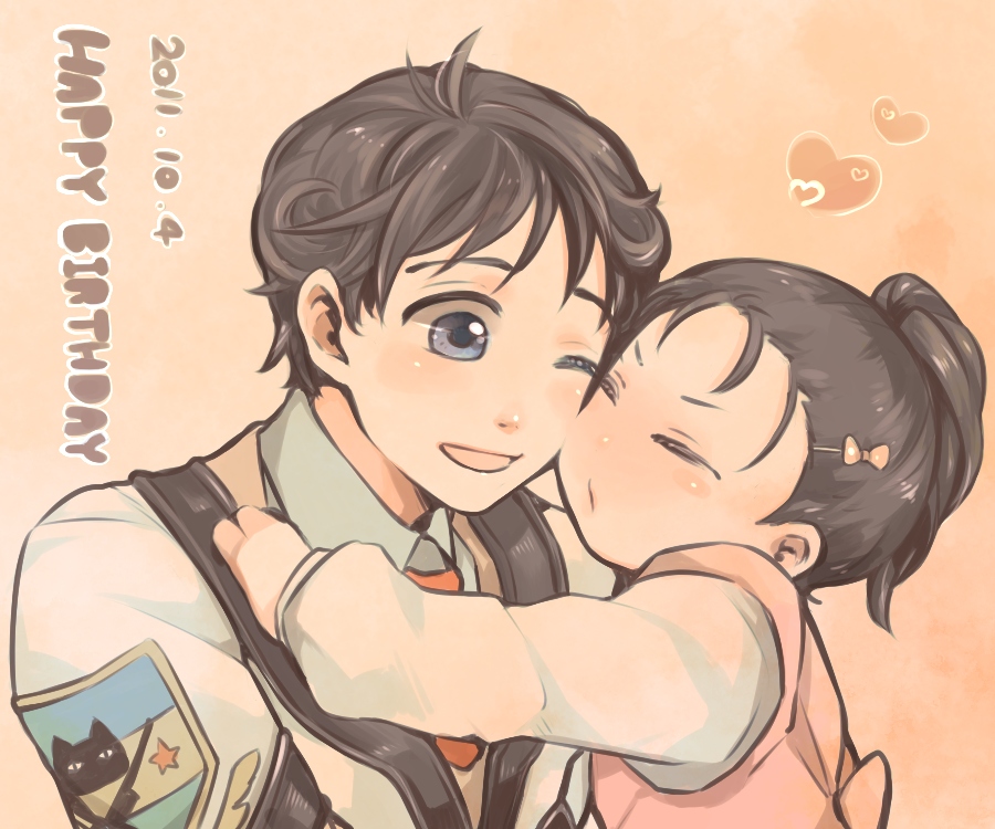 1boy, 1girl, :d, age_difference, aged_down, badge, blush, brown_hair