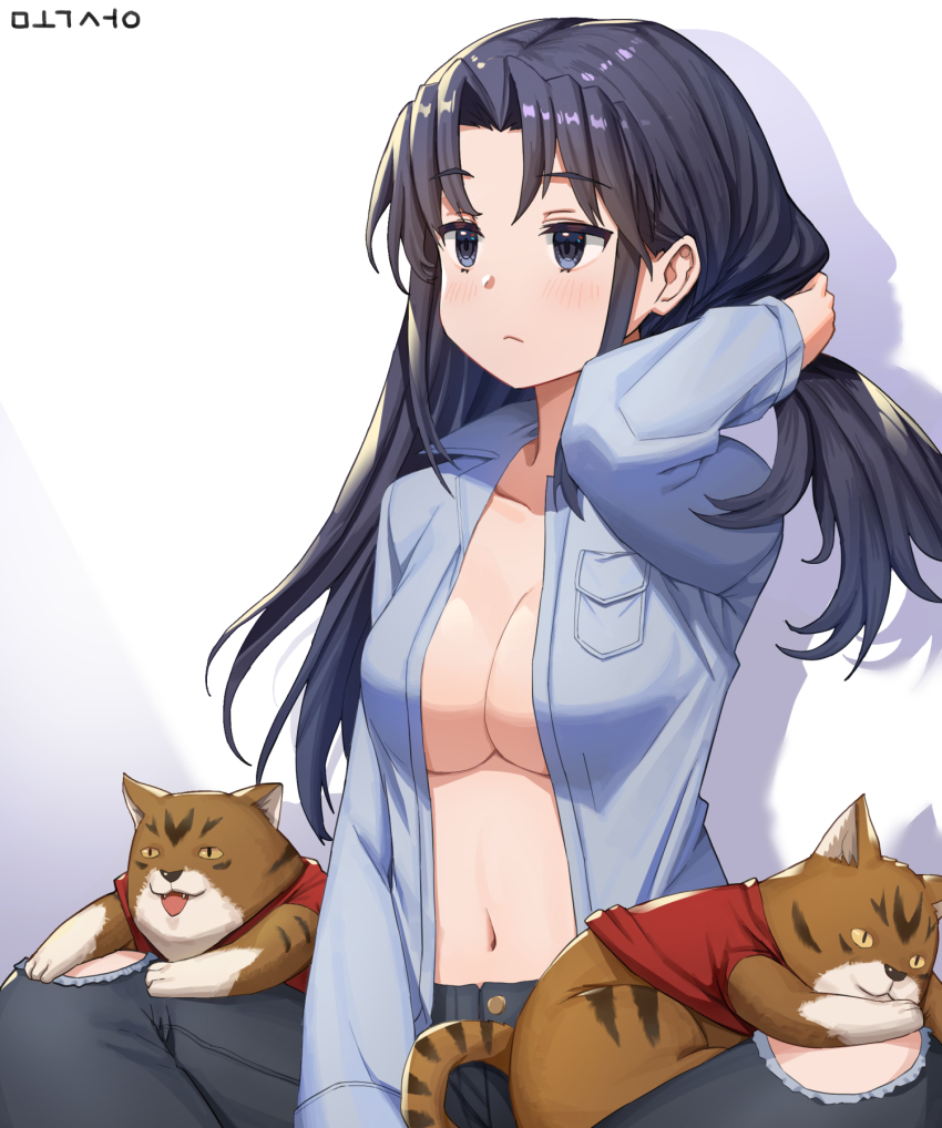 1girl, blue_shirt, breasts, cat, gunparade_march, hand_up, highres, jupiterbark