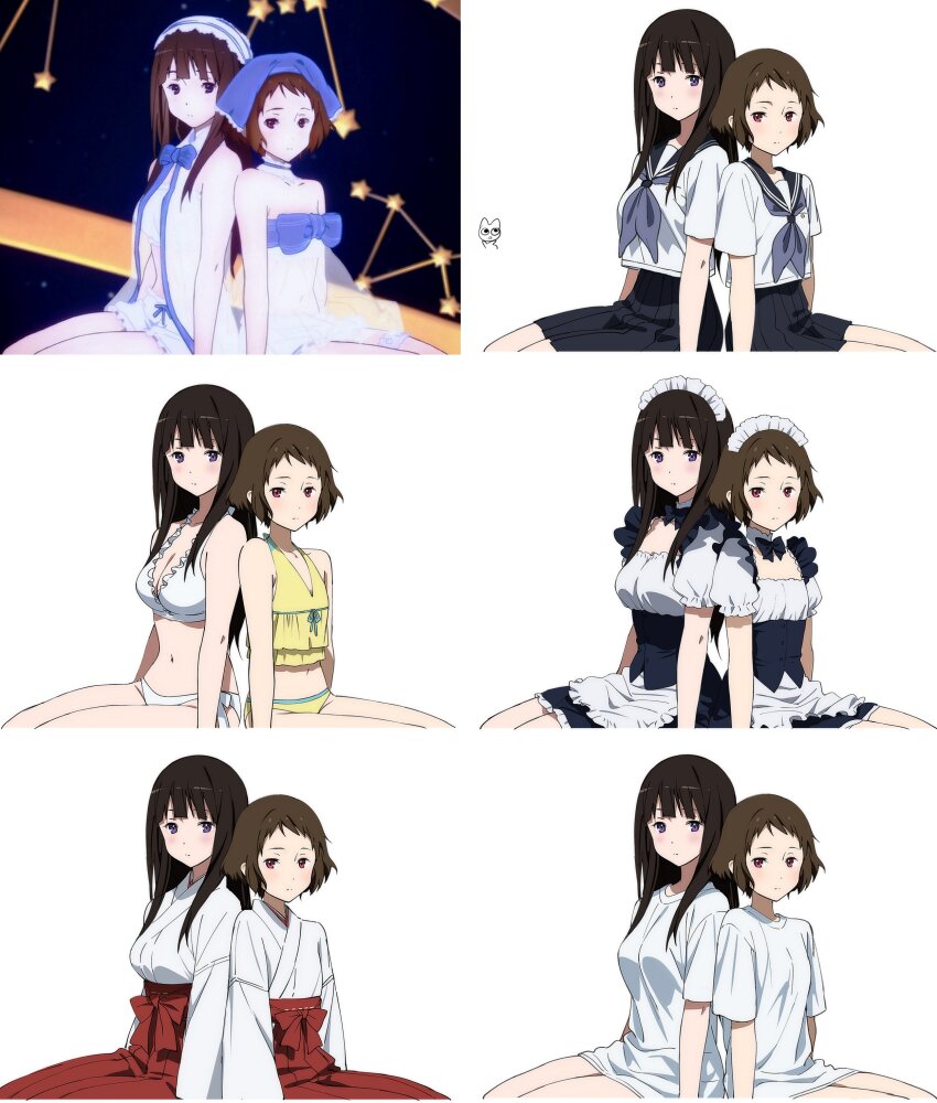 2girls, absurdres, alternate_costume, apron, artist_logo, back-to-back, bare_arms, bare_legs