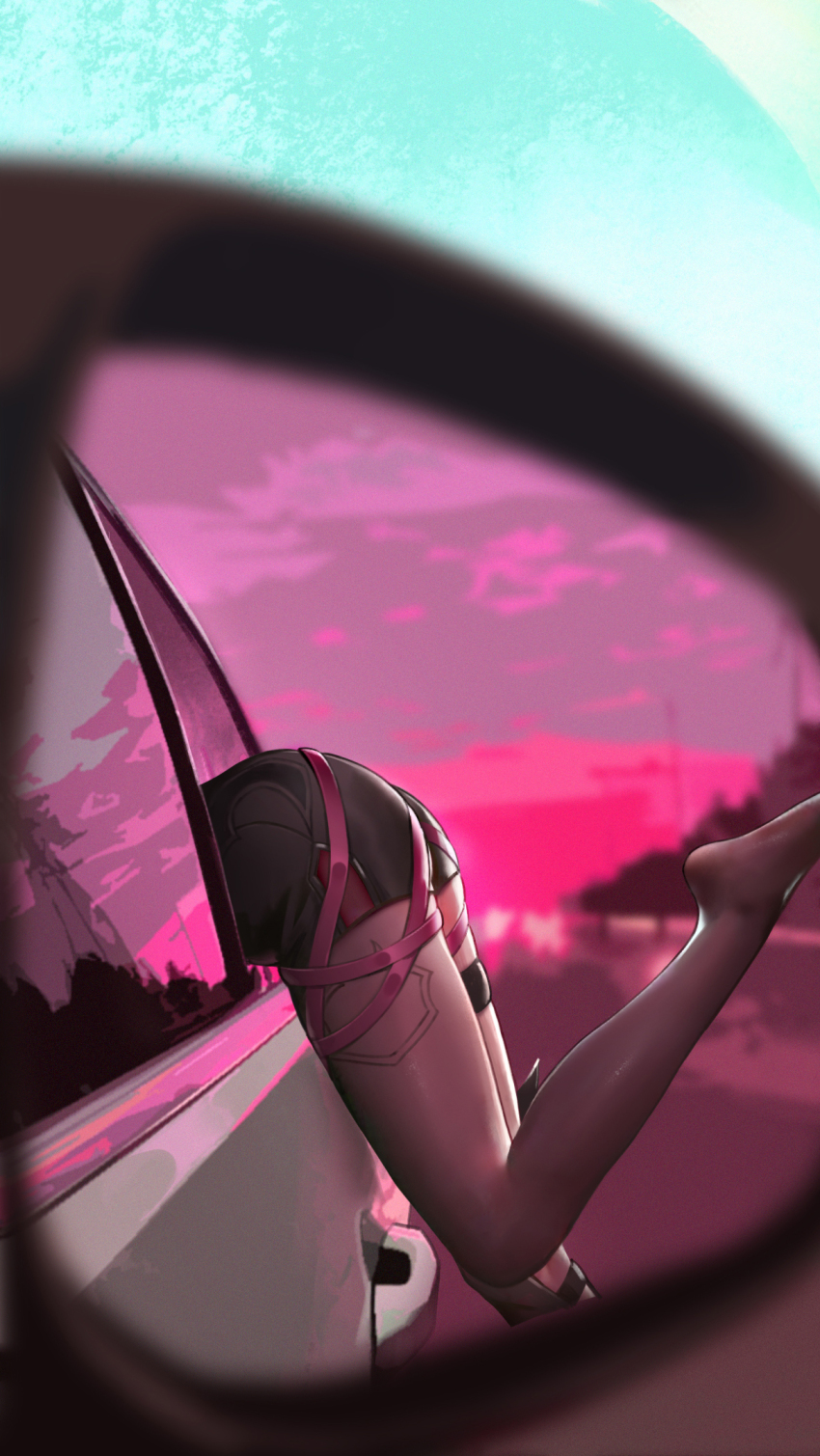 1girl, ass, barefoot, black_shorts, blue_sky, boots, car, commentary_request