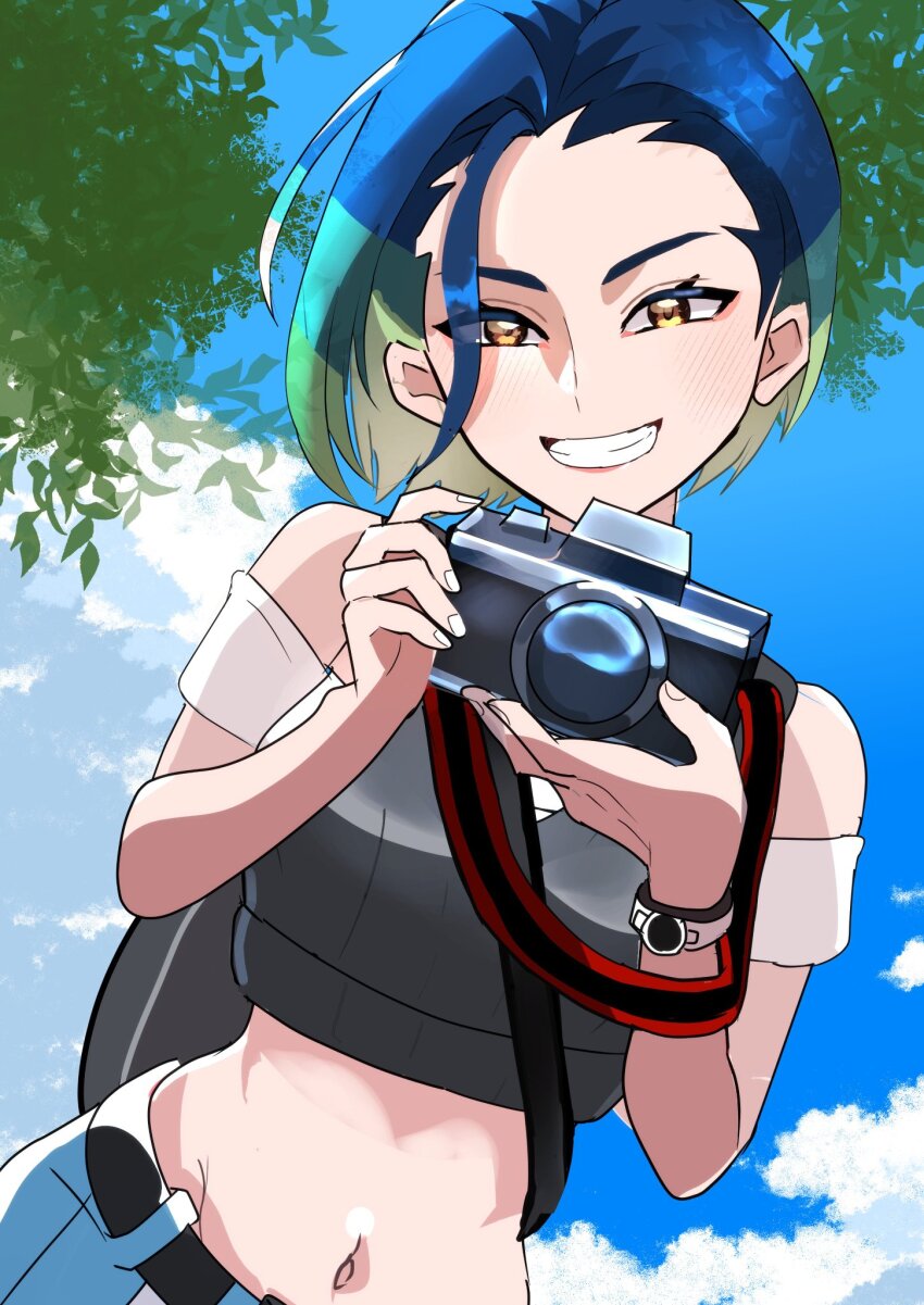 1girl, akisame_kanon, bare_shoulders, blue_hair, blue_sky, bob_cut, brown_eyes, camera