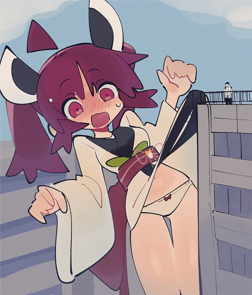 1boy, 1girl, accidental_exposure, adpx, ahoge, blade, blue_sky, blush, breasts, building, city, clothes_lift, commentary, cowboy_shot, detached_ahoge, embarrassed, giant, giantess, headgear, highres, japanese_clothes, kimono, leaning_back, long_sleeves, medium_breasts, navel, nervous_sweating, no_pants, nose_blush, obi, obijime, on_roof, outdoors, panties, purple_eyes, purple_hair, railing, raised_eyebrows, sash, short_kimono, size_difference, sky, solo_focus, standing, surprised, sweat, touhoku_kiritan, twintails, underwear, voiceroid, w_arms, white_kimono, white_panties, wide_sleeves