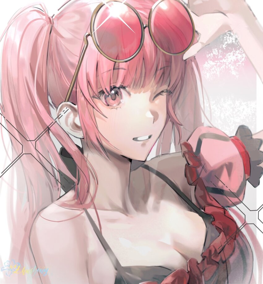 1girl, adjusting_eyewear, arm_up, bare_shoulders, bikini, breasts, cleavage, commentary, eyewear_on_head, female_focus, fire_emblem, fire_emblem:_three_houses, fire_emblem_heroes, grin, highres, hilda_valentine_goneril, hilda_valentine_goneril_(summer), large_breasts, long_hair, looking_at_viewer, matching_hair/eyes, nintendo, off-shoulder_bikini, off_shoulder, official_alternate_costume, one_eye_closed, pink_bikini, pink_eyes, pink_hair, puffy_short_sleeves, puffy_sleeves, short_sleeves, smile, solo, sunglasses, sunglasses_on_head, swimsuit, twintails, tzzis, upper_body, white_background, wink