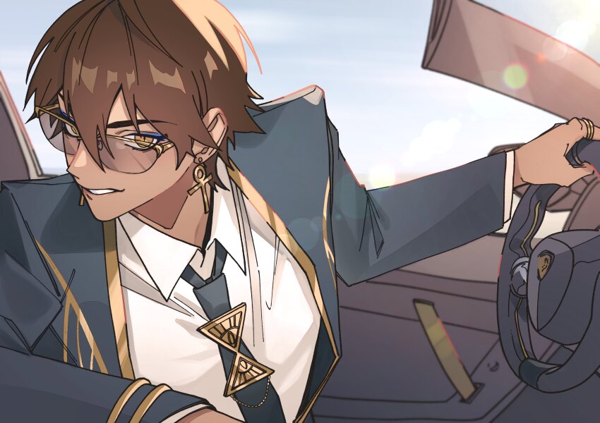 1boy, absurdres, alternate_costume, ankh_earrings, black_jacket, black_necktie, brown_eyes, brown_hair, car_interior, collared_shirt, dabin, driving, earrings, eyeliner, fate/grand_order, fate_(series), formal_clothes, hair_between_eyes, highres, jacket, jewelry, lens_flare, makeup, male_focus, necktie, ozymandias_(chinese_ver._5th_anniversary)_(fate), ozymandias_(fate), parted_lips, shirt, short_hair, solo, steering_wheel, suit, upper_body, white_shirt