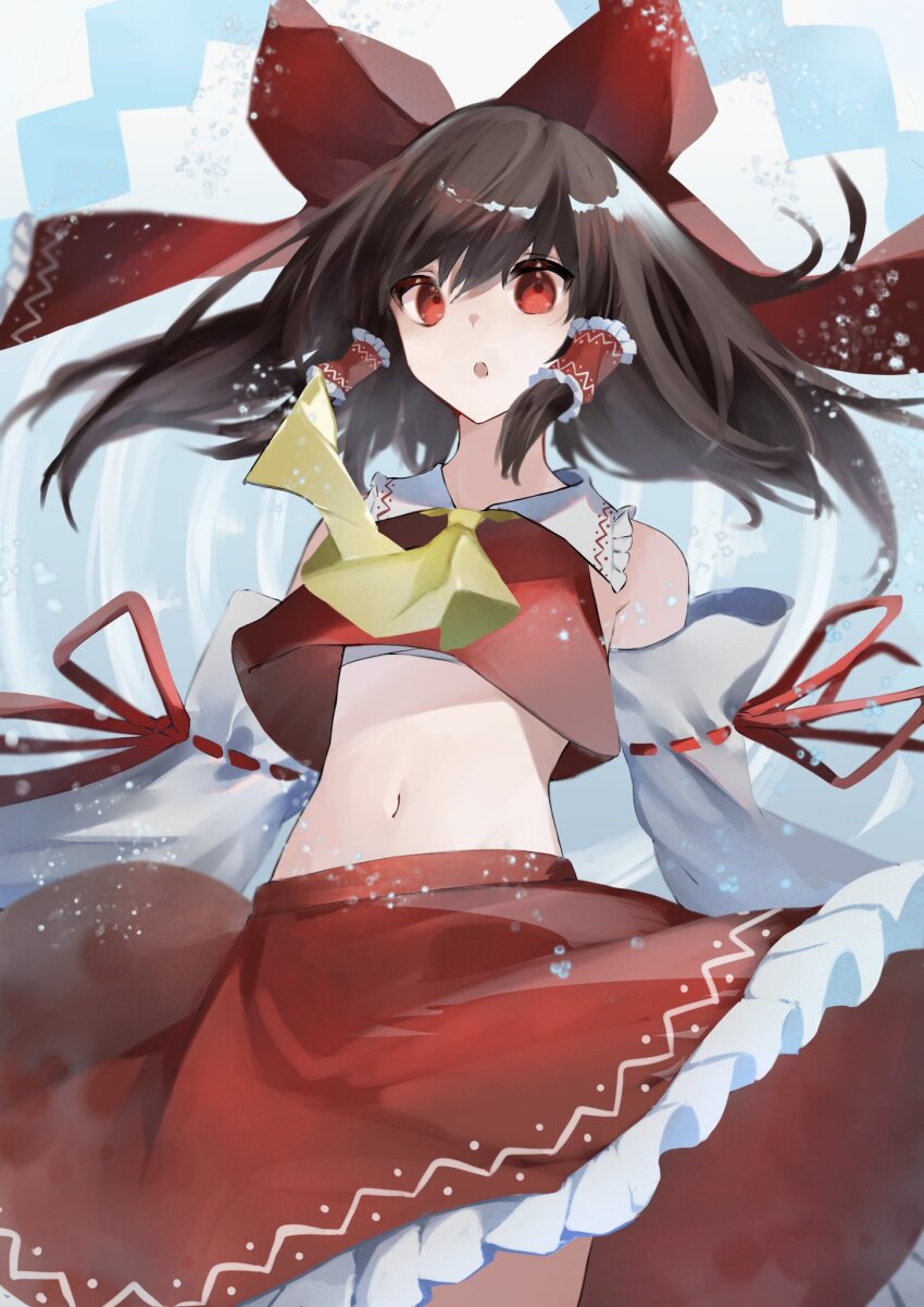 1girl, :o, armpit_crease, ascot, bare_shoulders, bow, brown_hair, chest_sarashi