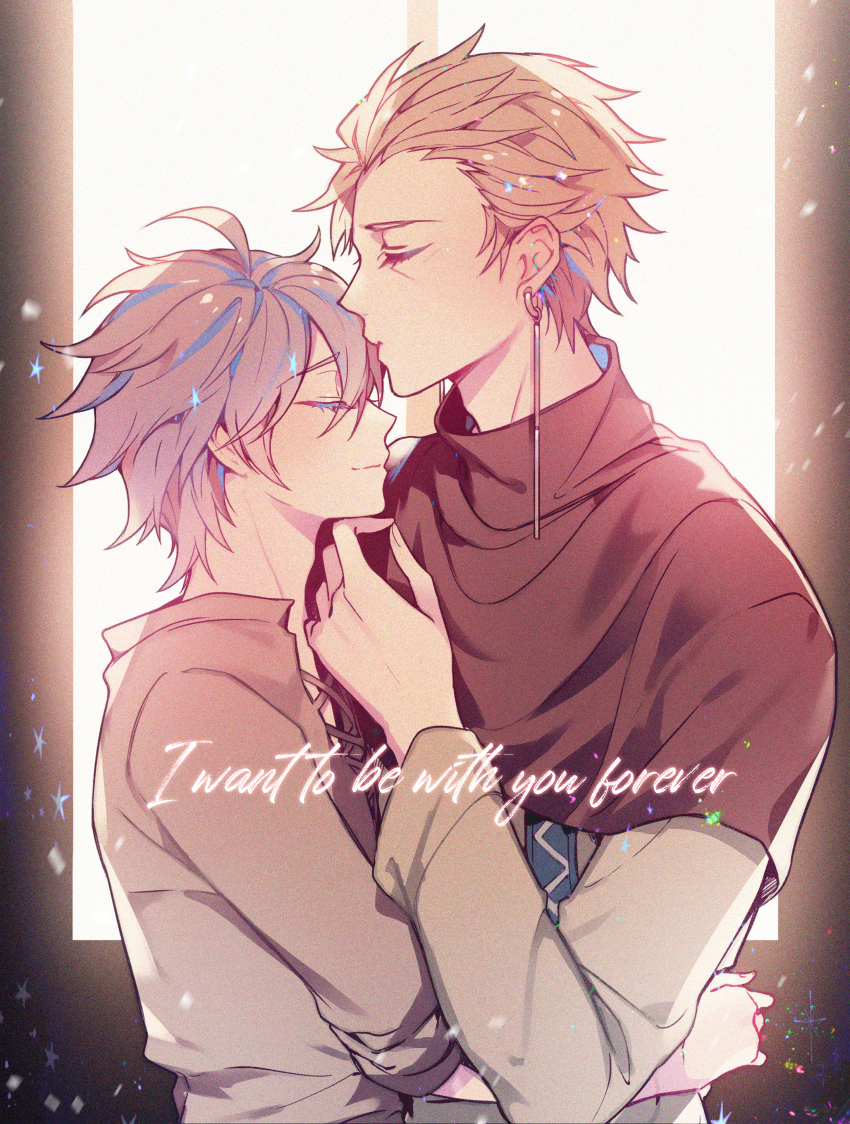 2boys, absurdres, blonde_hair, blue_hair, capelet, closed_eyes, english_text, facing_another, grey_hair, grey_shirt, hair_slicked_back, hajun_(hey_sangha), highres, hug, kiss, kissing_forehead, multicolored_hair, multiple_boys, red_capelet, rumeld_othmayer, saibou_shinkyoku, shirt, short_hair, theodore_riddle, turtleneck, yaoi