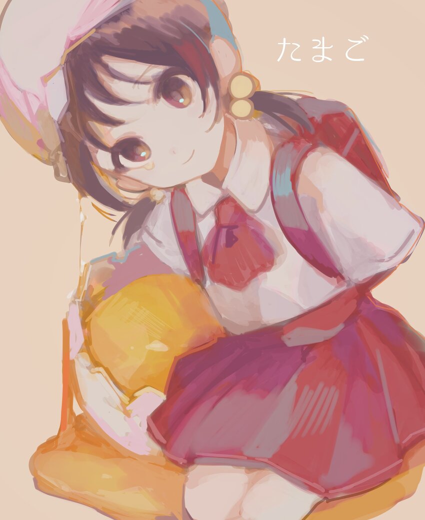 1girl, amputee, ascot, brown_background, closed_mouth, collared_shirt, commentary, egg_yolk