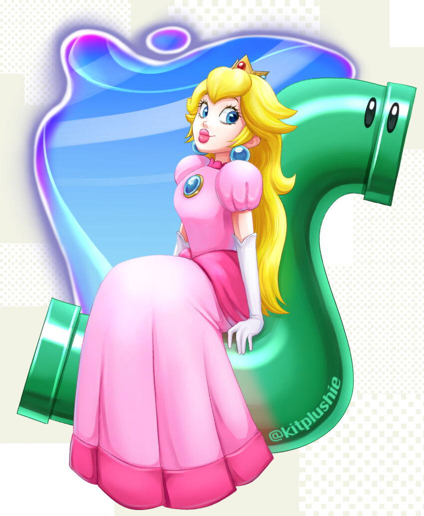 1girl, blonde_hair, blue_eyes, crown, dress, earrings, highres, inchworm_pipe