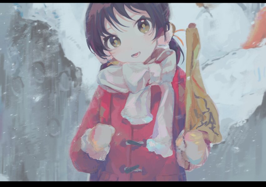 1girl, backpack, bag, black_hair, bow, coat, commentary_request, flag, hair_bobbles, hair_ornament, head_tilt, highres, holding, holding_flag, holding_strap, kaai_yuki, kananishi, letterboxed, light_blush, long_sleeves, looking_at_viewer, low_twintails, mittens, open_mouth, outdoors, red_coat, rubble, scarf, scarf_bow, smile, snow, snowing, solo, straight-on, twintails, upper_body, vocaloid, white_mittens, white_scarf, winter_clothes, winter_coat, yellow_eyes