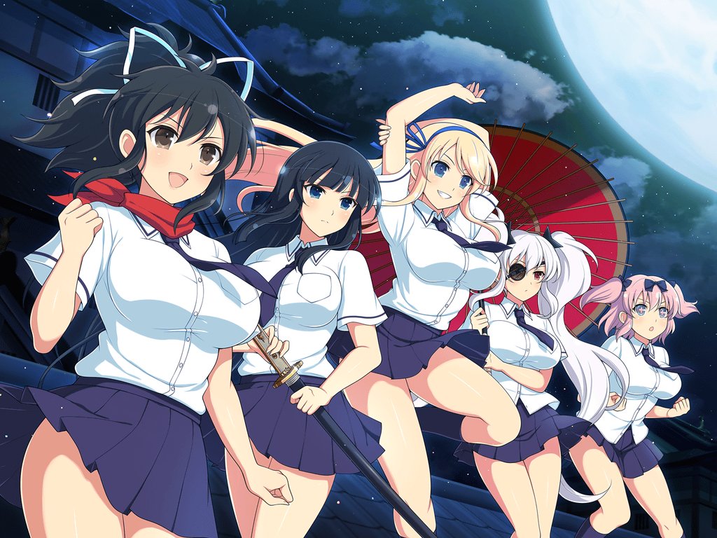 +_+, 5girls, :o, architecture, arms_up, asuka_(senran_kagura), black_bow, black_hair, blonde_hair, blue_eyes, blue_necktie, blue_ribbon, blue_skirt, blue_sky, blue_socks, blunt_bangs, blush, bow, breast_pocket, breasts, brown_eyes, building, clenched_hands, closed_mouth, cloud, east_asian_architecture, eyepatch, flower-shaped_pupils, full_moon, grin, hair_between_eyes, hair_bow, hair_ornament, hair_ribbon, hanzou_academy_school_uniform, hibari_(senran_kagura), holding, holding_sheath, holding_sword, holding_weapon, huge_moon, ikaruga_(senran_kagura), katana, katsuragi_(senran_kagura), kneehighs, koshirae, large_breasts, long_hair, miniskirt, moon, moonlight, multiple_girls, necktie, night, official_art, oil-paper_umbrella, on_roof, ootachi, open_mouth, outdoors, pink_hair, pink_pupils, pleated_skirt, pocket, ponytail, red_eyes, red_scarf, ribbon, rooftop, saya_(scabbard), scabbard, scarf, school_uniform, senran_kagura, senran_kagura_shoujo-tachi_no_shin'ei, sheath, sheathed, shiny_skin, shirt, short_hair, short_ponytail, short_sleeves, short_twintails, shuriken, shuriken_hair_ornament, skirt, sky, smile, socks, standing, standing_on_one_leg, star_(sky), starry_sky, sword, symbol-shaped_pupils, teeth, tile_roof, tsuba_(guard), twintails, umbrella, v-shaped_eyebrows, weapon, white_hair, white_ribbon, white_shirt, window, yaegashi_nan, yagyu_(senran_kagura)
