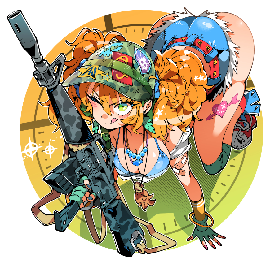 1girl, :p, aj-chan_(aj_dandy), ass, assault_rifle, bandaid, belt, bikini