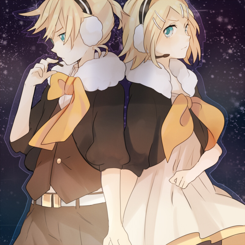 1boy, 1girl, back-to-back, belt, blonde_hair, blue_eyes, brother_and_sister, cropped_jacket