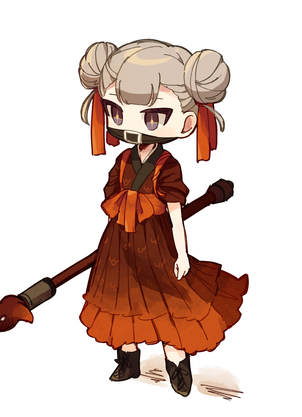 1girl, adapted_costume, black_eyes, brown_shoes, commentary_request, discord_(e.g.o), double_bun, e.g.o_(project_moon), employee_(project_moon), full_body, hair_bun, hair_ribbon, highres, hoshizuki_sakusa, japanese_clothes, kimono, light_brown_hair, lobotomy_corporation, no_nose, nugget_(project_moon), orange_kimono, orange_ribbon, project_moon, ribbon, shoes, short_sleeves, simple_background, solo, sparkling_eyes, white_background