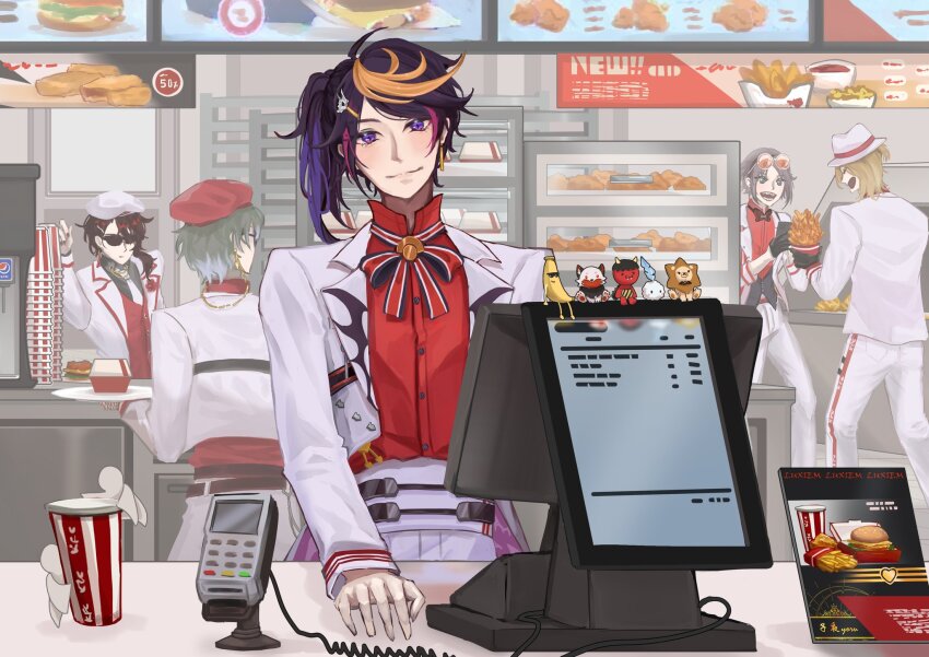 5boys, black-framed_eyewear, black_hair, black_ribbon, blonde_hair, bow, bowtie, bucket, card_reader, cash_register, cashier, chicken_(food), chicken_sandwich, commentary, cup, display, disposable_cup, earrings, english_commentary, eyewear_on_head, eyewear_strap, fast_food, food, formal_clothes, french_fries, fried_chicken, glasses, highres, holding, holding_food, ike_eveland, jacket, jewelry, kfc, light_blush, long_hair, looking_at_viewer, luca_kaneshiro, lucub_(luca_kaneshiro), luxiem, medium_hair, meme, multicolored_hair, multicolored_ribbon, multiple_boys, mysta_rias, mystake_(mysta_rias), neck_ribbon, necktie, nijisanji, nijisanji_en, official_alternate_costume, official_alternate_hairstyle, oni_giri_(vox_akuma), open_clothes, open_jacket, orange-tinted_eyewear, pants, purple_eyes, purple_hair, quilldren_(ike_eveland), red_headwear, red_ribbon, red_shirt, ribbon, salt_bae_(meme), shirt, shu_yamino, side_ponytail, sign, single_earring, smile, streaked_hair, suit, sunglasses, tassel, tassel_earrings, tinted_eyewear, virtual_youtuber, vox_akuma, white_headwear, white_jacket, white_necktie, white_pants, white_ribbon, white_suit, working, yaminion_(shu_yamino), yoruchan2708
