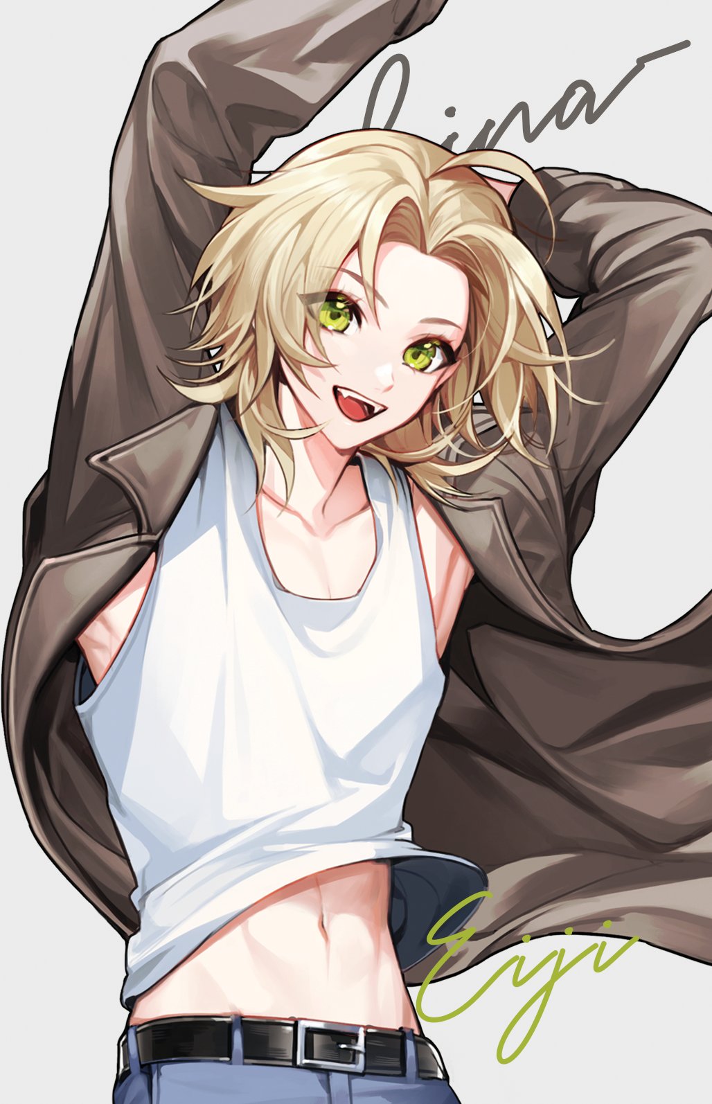 1boy, ahoge, androgynous, belt, black_belt, blonde_hair, blue_pants, brown_coat, character_name, coat, denim, fangs, green_eyes, grey_background, hajun_(hey_sangha), highres, jeans, male_focus, open_mouth, pants, saibou_shinkyoku, shinano_eiji, shirt, smile, solo, tank_top, teeth, white_shirt