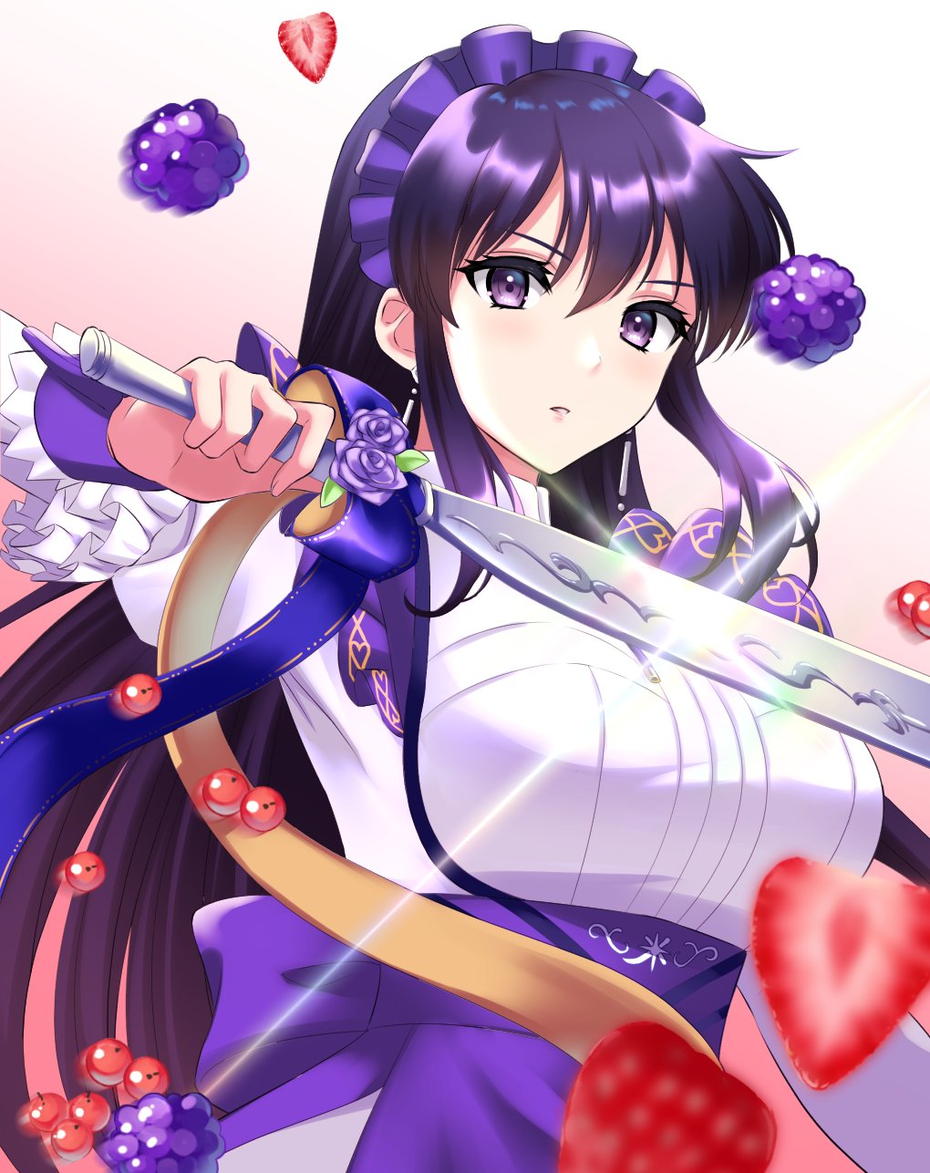 1girl, ayra_(fire_emblem), ayra_(tea_party)_(fire_emblem), black_eyes, black_hair, blackberry_(fruit), breasts, fire_emblem