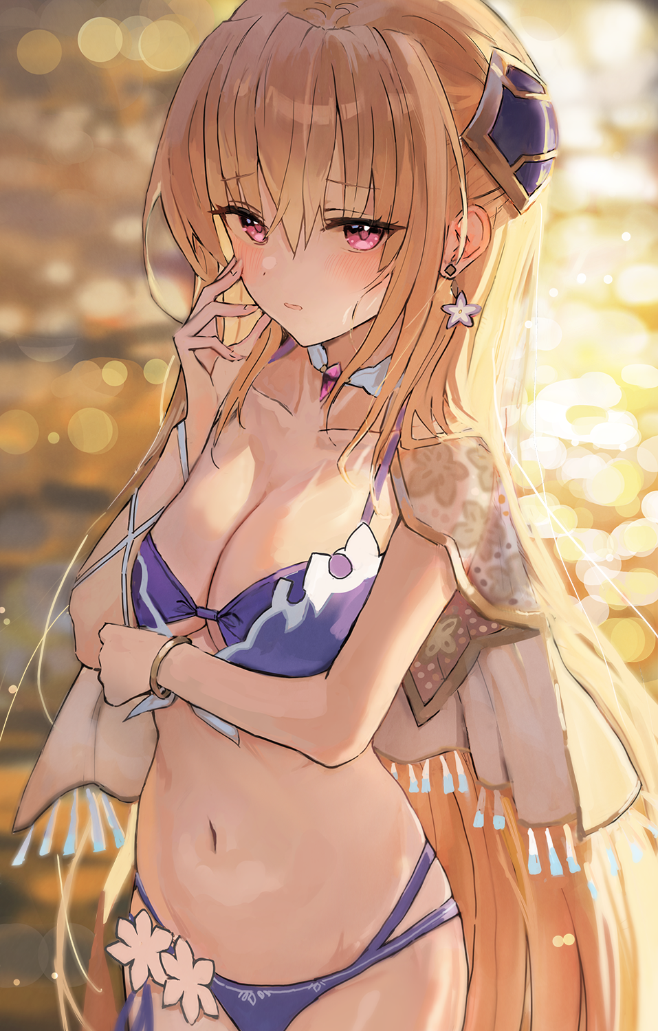 1girl, backlighting, bare_shoulders, bikini, blonde_hair, blue_bikini, blush, breasts