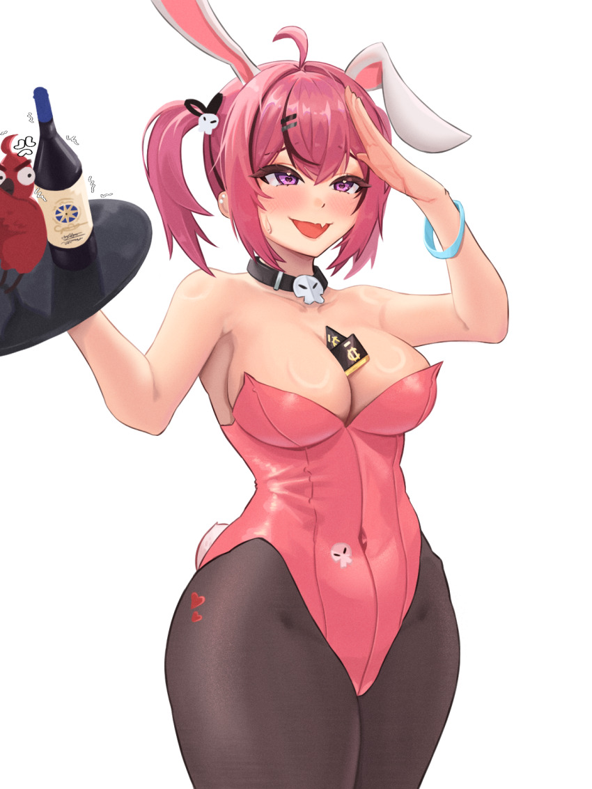 1girl, :d, ahoge, animal_ears, between_breasts, bird, black_hair, bluepaint