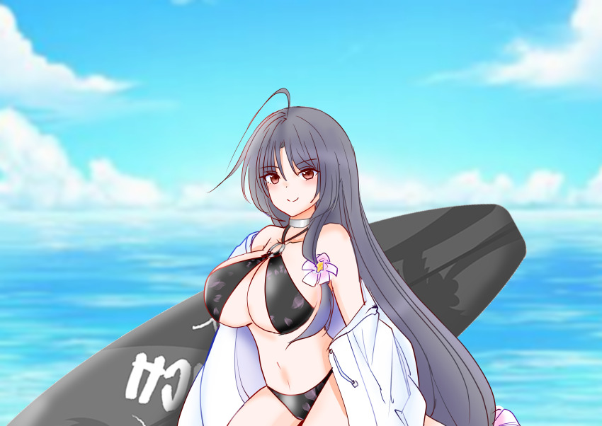 1girl, absurdres, ahoge, bikini, black_bikini, black_hair, blue_sky, breasts