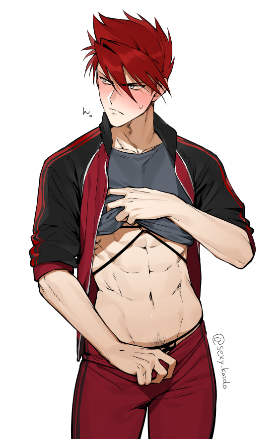 1boy, abs, black_jacket, blush, closed_mouth, clothes_lift, grey_shirt, jacket, male_focus, male_underwear, male_underwear_peek, multicolored_jacket, muscular, muscular_male, navel, ookanehira_(touken_ranbu), open_clothes, open_jacket, pants, red_hair, red_jacket, red_pants, sexy_kaido, shirt, shirt_lift, short_hair, simple_background, solo, touken_ranbu, twitter_username, two-tone_jacket, underwear, white_background
