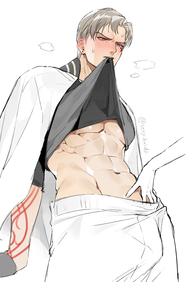1boy, abs, bara, black_gloves, blush, character_request, clothes_lift, facial_tattoo, gloves, grey_hair, grey_shirt, groping, hand_under_clothes, jacket, jacket_on_shoulders, large_pectorals, male_focus, muscular, muscular_male, navel, pants, pectorals, red_eyes, sanchoumou, sexy_kaido, shirt, shirt_lift, short_hair, tattoo, touken_ranbu, white_jacket, white_pants