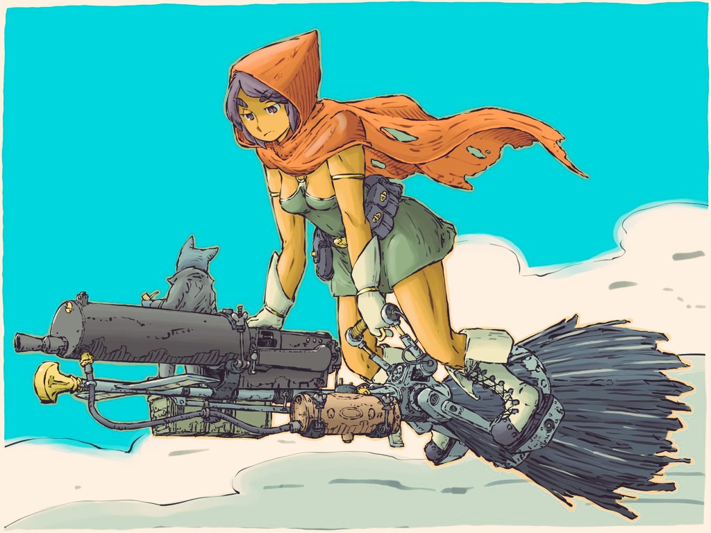 1girl, 1other, blue_sky, boots, breasts, broom, broom_riding, cloak