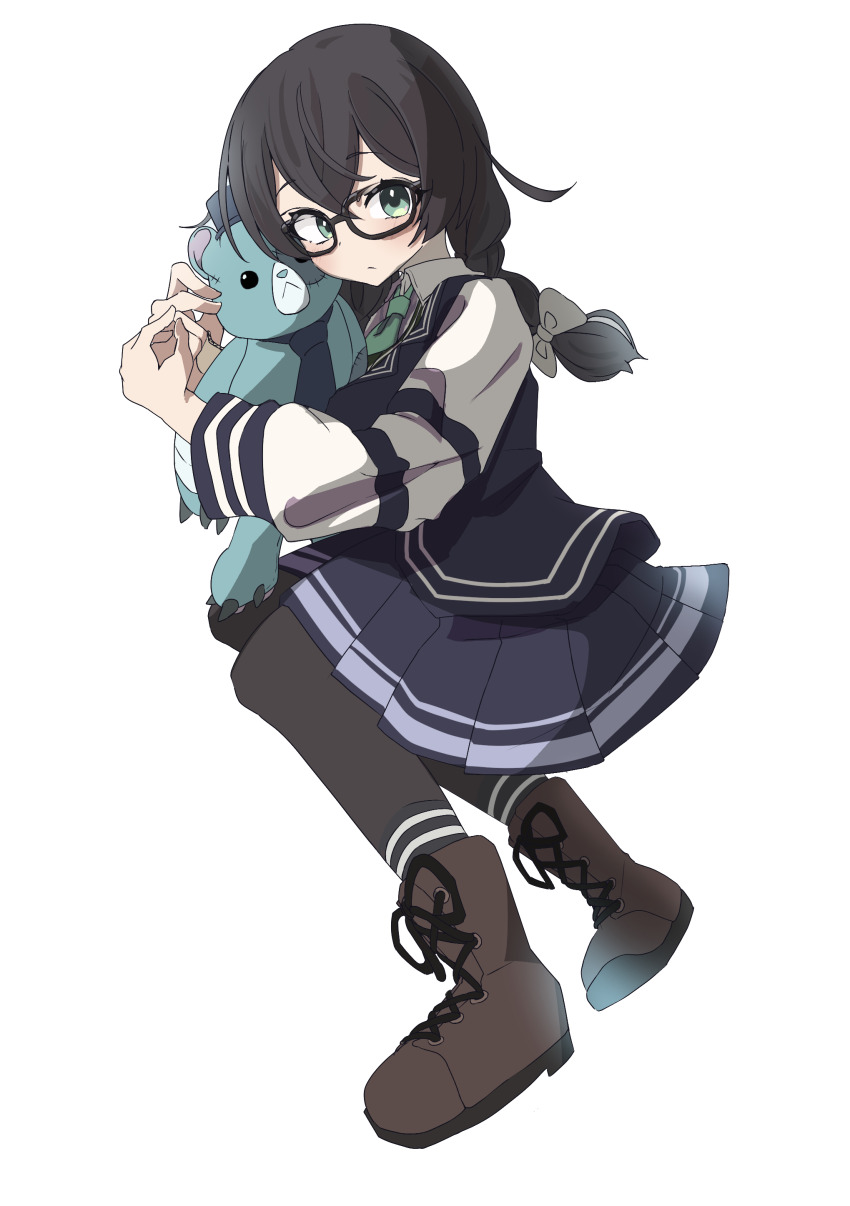 1girl, absurdres, averting_eyes, black-framed_eyewear, black_pantyhose, blue_jacket, boots, bow, braid, brown_boots, cevio, closed_mouth, collared_shirt, double-parted_bangs, expressionless, full_body, glasses, green_eyes, green_necktie, hair_bow, hanakuma_chifuyu, highres, holding, holding_stuffed_toy, hugging_object, jacket, lace-up_boots, lapels, long_sleeves, low_twin_braids, multicolored_jacket, necktie, nekobasi_neko, notched_lapels, pantyhose, pleated_skirt, rectangular_eyewear, semi-rimless_eyewear, shirt, simple_background, skirt, solo, striped_clothes, striped_jacket, striped_skirt, stuffed_toy, synthesizer_v, twin_braids, two-tone_jacket, under-rim_eyewear, white_background, white_bow, white_jacket, white_shirt