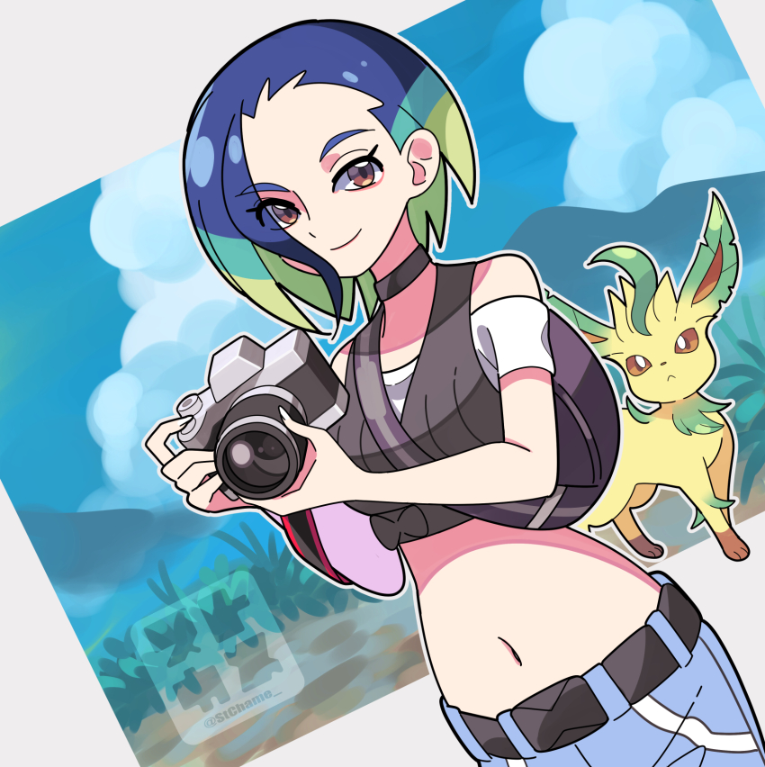 1girl, backpack, bag, bare_shoulders, belt, black_belt, black_choker, blue_hair