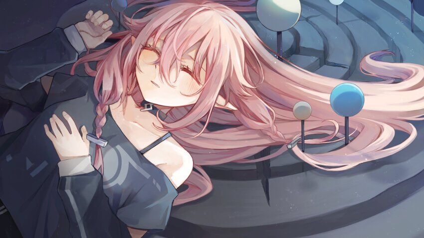 1girl, black_collar, black_shirt, blush, braid, closed_eyes, collar, collarbone