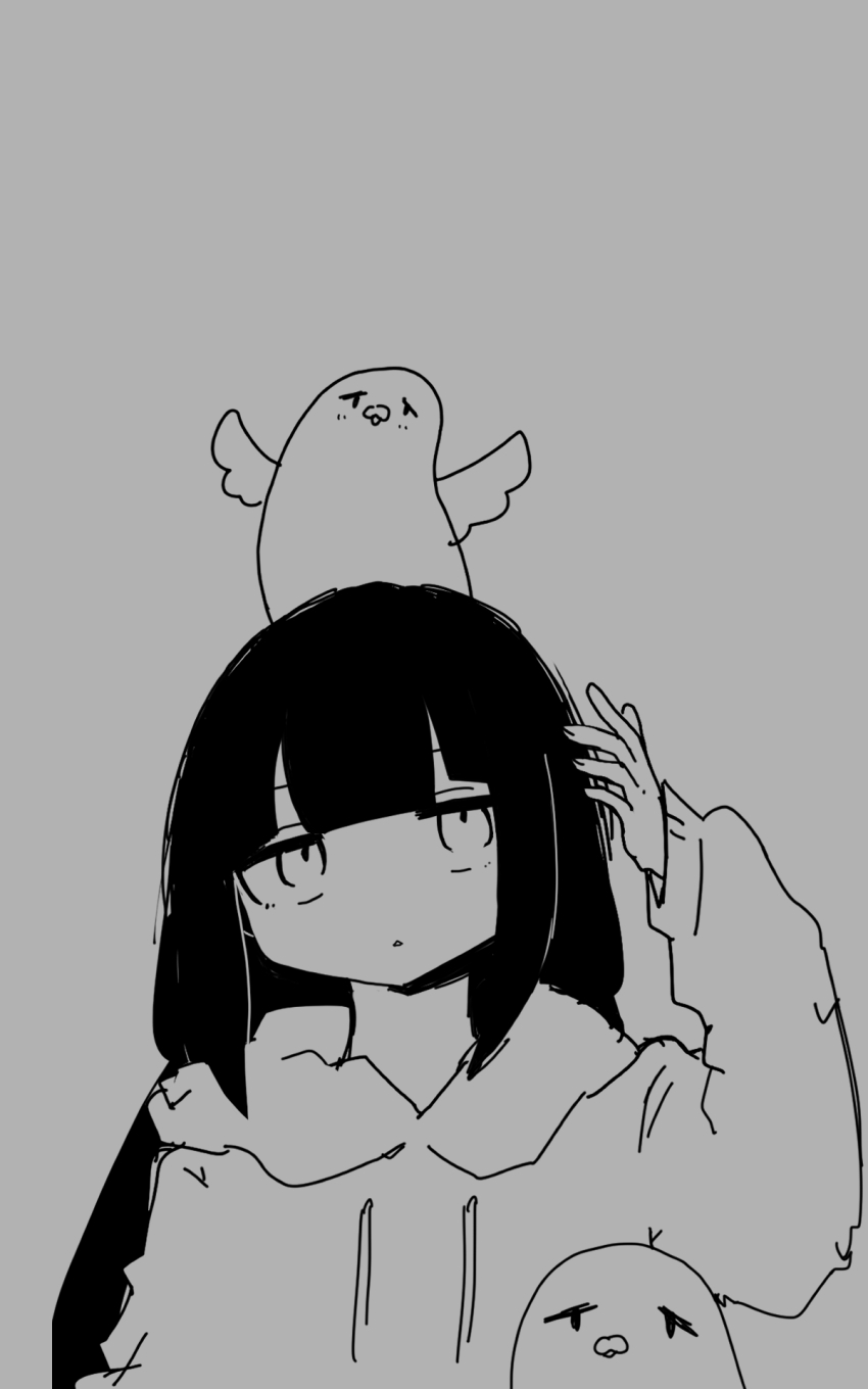 1girl, 2others, bird, blunt_bangs, cleaned, commentary, grey_background, greyscale