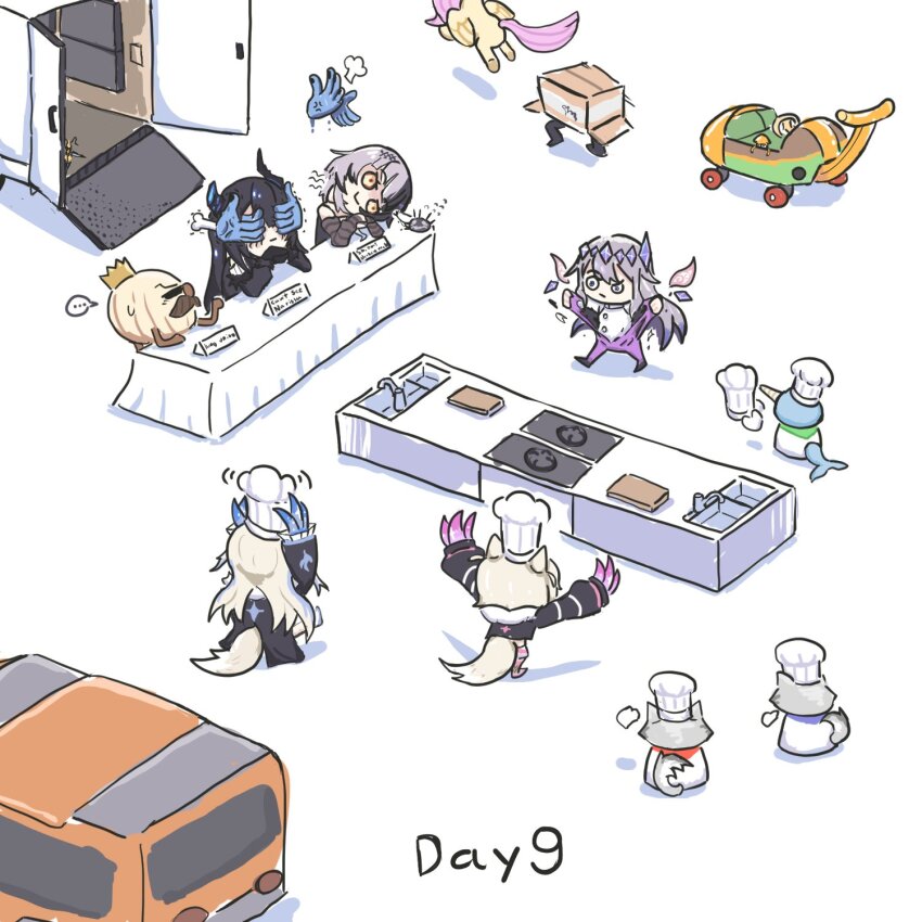 1boy, 6+girls, adjusting_clothes, adjusting_headwear, arms_up, car, chef_hat, chibi