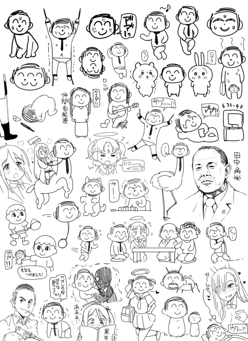 1boy, 3girls, abubu, anger_vein, animal_crossing, aris_(blue_archive), doodle_sensei_(blue_archive), arsene_lupin_iii, asuna_(blue_archive), asuna_(bunny)_(blue_archive), black_suit_(blue_archive), blue_archive, chiikawa, collage, dogeza, halo, highres, junji_ito_collection, lupin_iii, multiple_girls, multiple_persona, naked_dogeza, necktie, nintendo, noose, parody, prostration, real_life, sensei_(blue_archive), simple_background, sketch, sweat, tanaka_kakuei, villager_(animal_crossing), white_background, yuuka_(blue_archive)