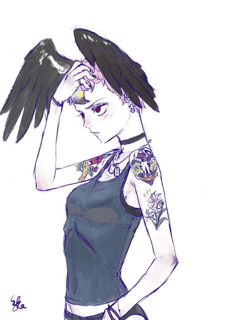 1girl, arm_at_side, arm_tattoo, arm_up, bare_arms, bare_shoulders, bird_wings, black_hair