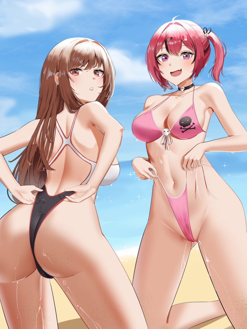 2girls, :d, absurdres, anoreika_tomoe, ass, beach, bikini, black_hair