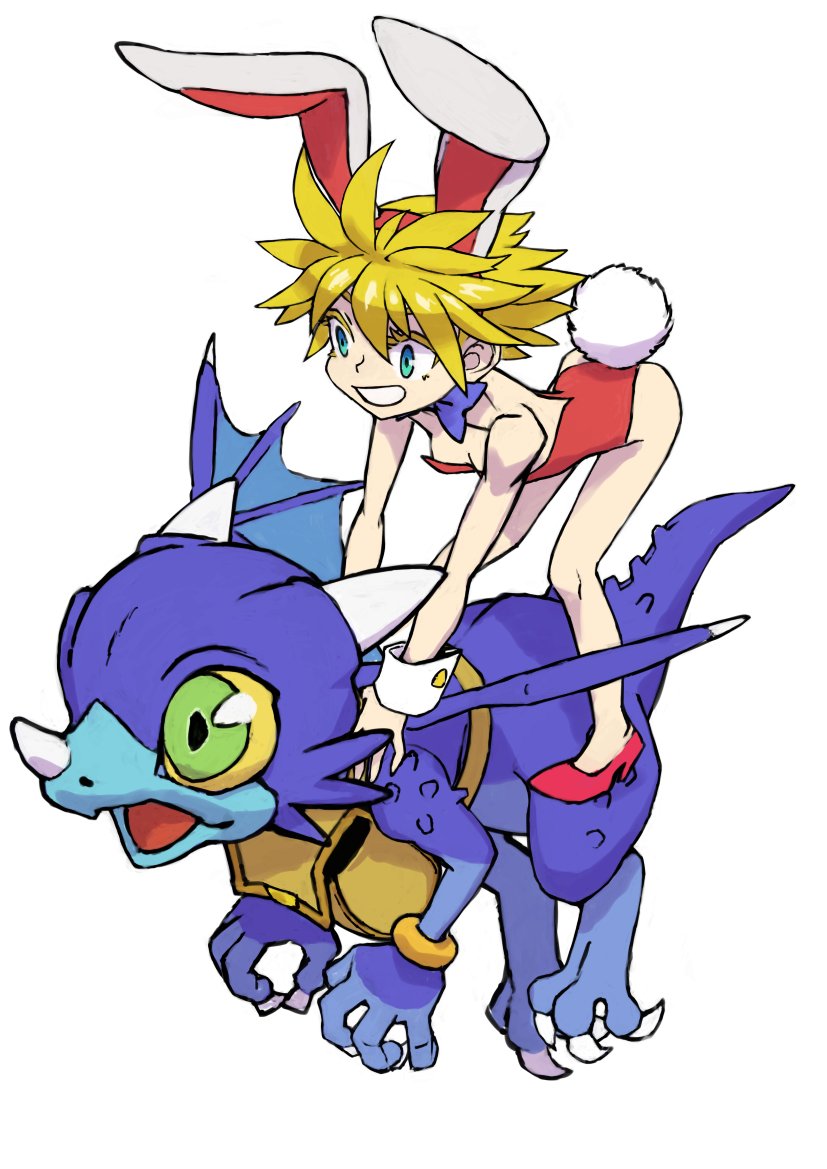 1girl, animal_ears, bare_legs, blonde_hair, bow, bowtie, breasts, dinosaur