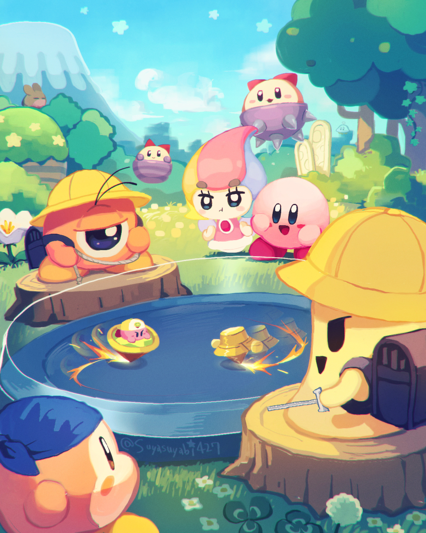 1girl, backpack, bag, bandana, bandana_waddle_dee, blue_bandana, blue_sky, blush_stickers, cappy_(kirby), disembodied_hand, elline_(kirby), fairy, fairy_wings, flower, grass, highres, kirby, kirby_(series), multicolored_hair, nintendo, one-eyed, polof, pout, sky, spinning_top, star_(sky), star_(symbol), suyasuyabi, top_kirby, tree, tree_stump, twister_(kirby), waddle_doo, white_flower, wings, yellow_headwear