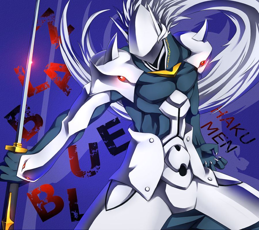 1boy, arc_system_works, armor, bad_id, bad_pixiv_id, blazblue, blazblue:_calamity_trigger, character_name, copyright_name, hakumen, ketaru, long_hair, male_focus, mask, solo, sword, weapon