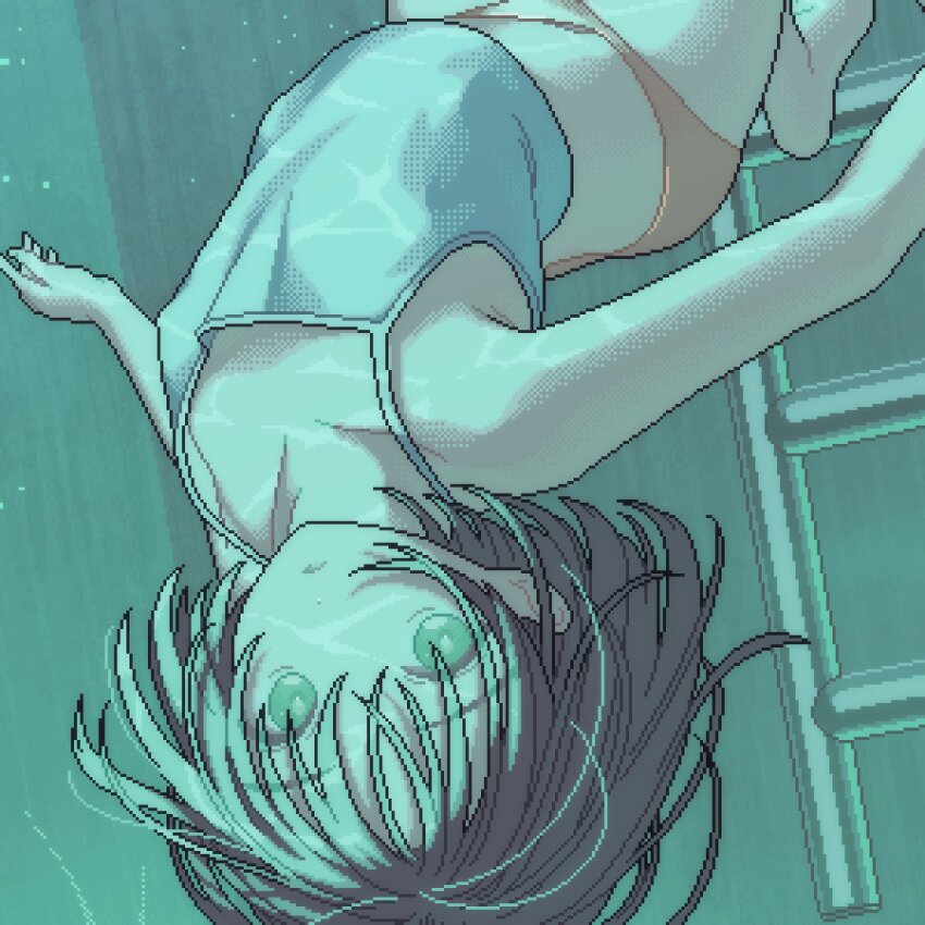 1girl, highres, narume, original, pool, pool_ladder, short_hair, solo