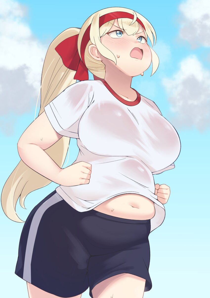 1girl, absurdres, belly, bifizu's_gold, blonde_hair, blue_eyes, blue_sky, blush