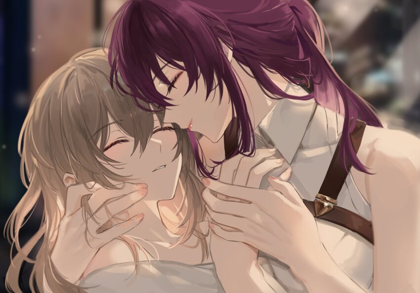 2girls, bare_shoulders, blurry, blurry_background, chest_harness, closed_eyes, commentary, dappled_sunlight, english_commentary, fingernails, fractalmagnolia, grey_hair, hair_between_eyes, hand_on_another's_face, hand_on_another's_shoulder, harness, highres, holding_hands, honkai:_star_rail, honkai_(series), kafka_(honkai:_star_rail), light_blush, lipstick, long_hair, makeup, multiple_girls, parted_lips, pink_lips, purple_hair, shirt, sidelocks, simple_background, sleeveless, sleeveless_shirt, smile, stelle_(honkai:_star_rail), sunlight, trailblazer_(honkai:_star_rail), upper_body, white_shirt, yuri