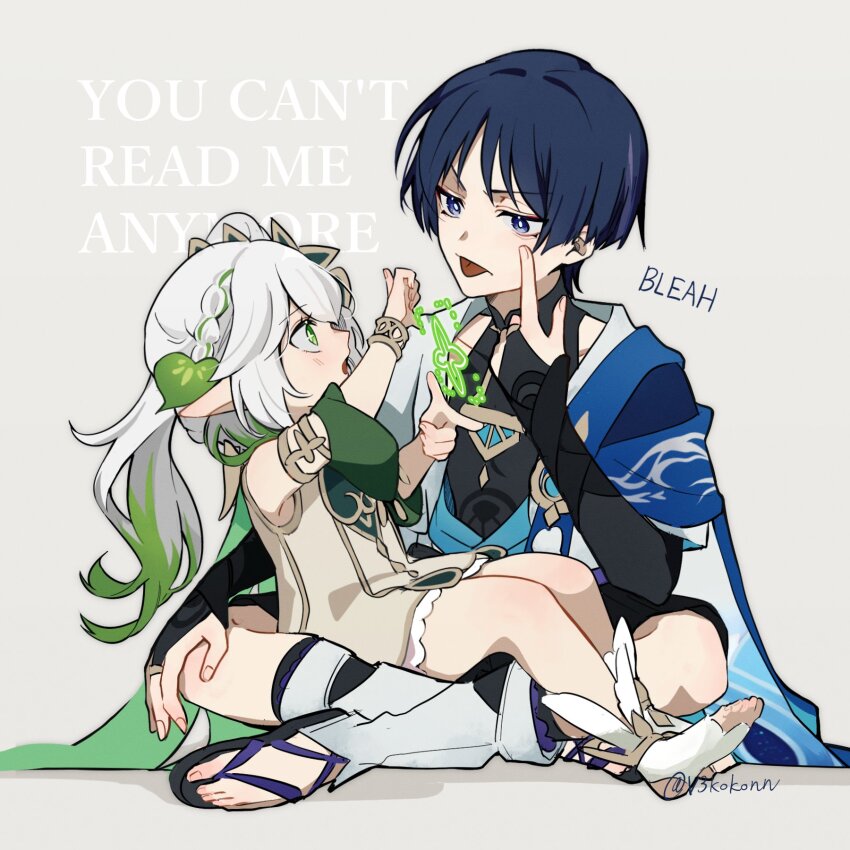 1boy, 1girl, akanbe, armor, blue_eyes, blue_hair, blush, dress