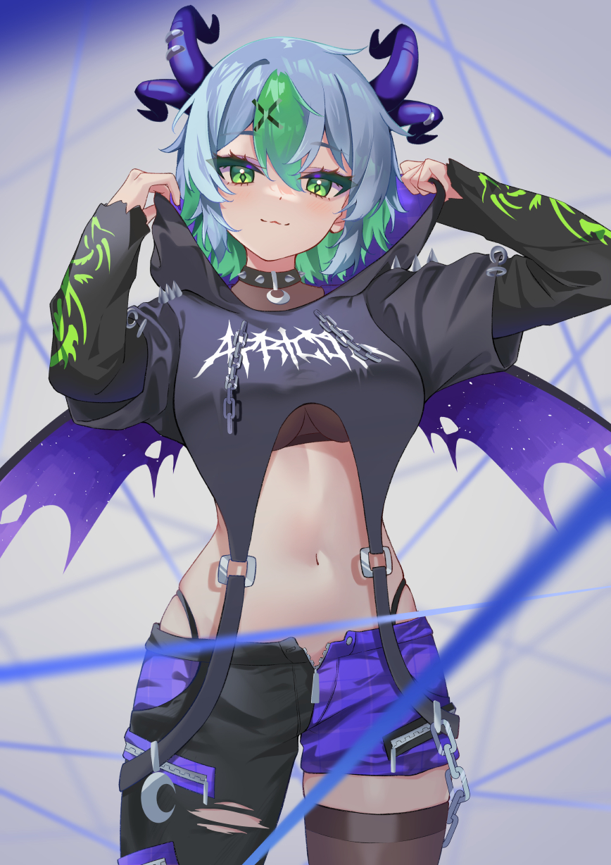 1girl, :3, apricot_the_lich, apricot_the_lich_(goth), black_collar, black_hoodie, black_panties, black_pants, black_thighhighs, breasts, collar, cropped_hoodie, demon_girl, demon_horns, demon_wings, green_eyes, green_hair, hair_ornament, high-waist_panties, highres, hood, hoodie, horns, kitatyoco, large_breasts, looking_at_viewer, medium_hair, multicolored_hair, navel, panties, pants, single_thighhigh, smile, solo, spiked_collar, spikes, streaked_hair, thighhighs, torn_clothes, torn_pants, underwear, virtual_youtuber, vshojo, wings, x_hair_ornament