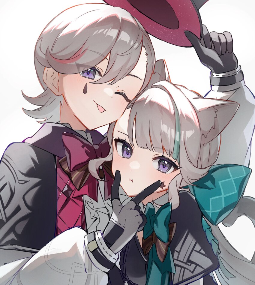 1boy, 1girl, :i, animal_ears, blush, bow, brother_and_sister, cat_ears