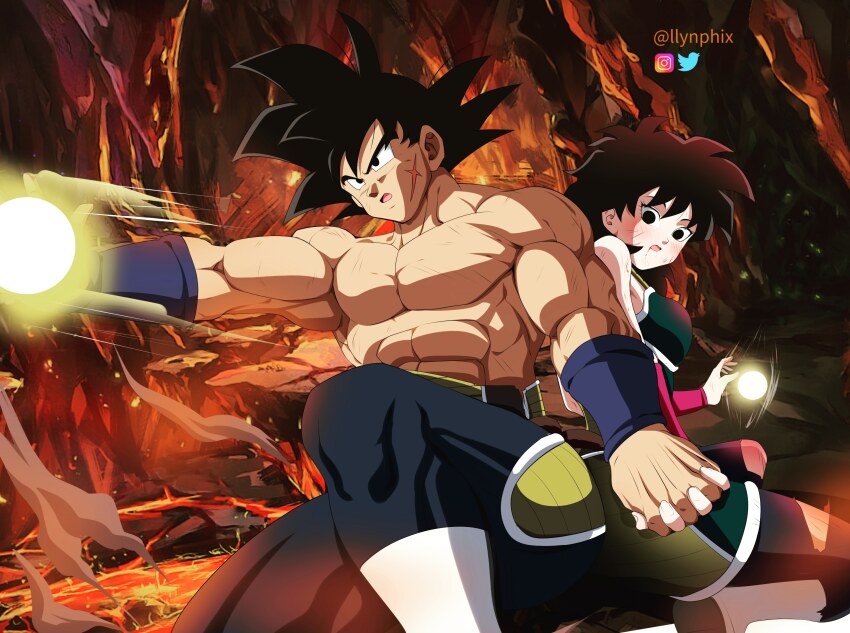 back-to-back, bardock, black_eyes, black_hair, blood, blood_on_face, blush, cave