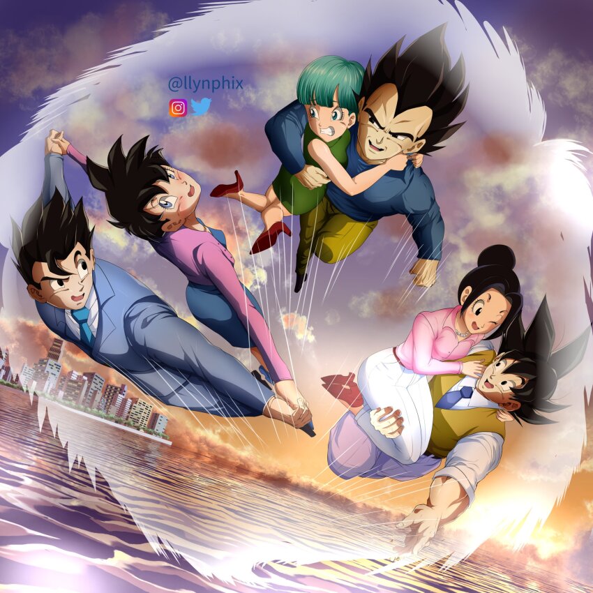 3boys, 3girls, aura, black_eyes, black_hair, blue_eyes, blush, bulma, chi-chi_(dragon_ball), cloud, cloudy_sky, couple, dragon_ball, dragonball_z, flying, formal_clothes, green_hair, happy, high_heels, highres, holding_hands, hugging_each_other, husband_and_wife, lifting_person, llynphix, multiple_boys, multiple_girls, nervous, short_hair, skirt, sky, smile, son_gohan, son_goku, suit, sunset, tagme, vegeta, videl
