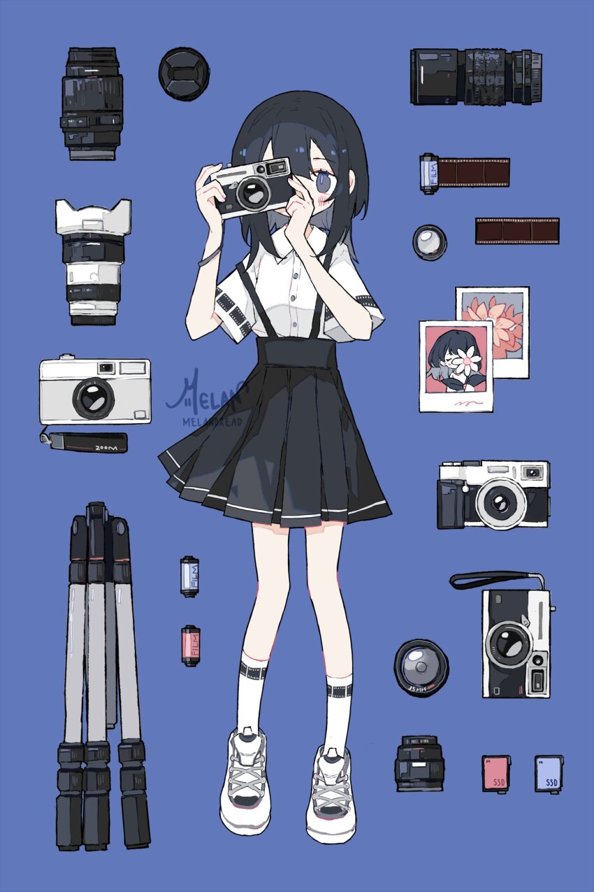 1girl, blue_background, blue_eyes, blue_hair, blush, camera, collared_shirt, dark_blue_hair